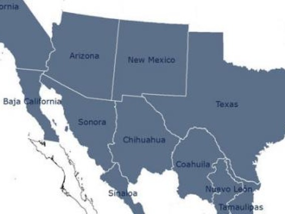 A political map of the states of the US - Mexico border region