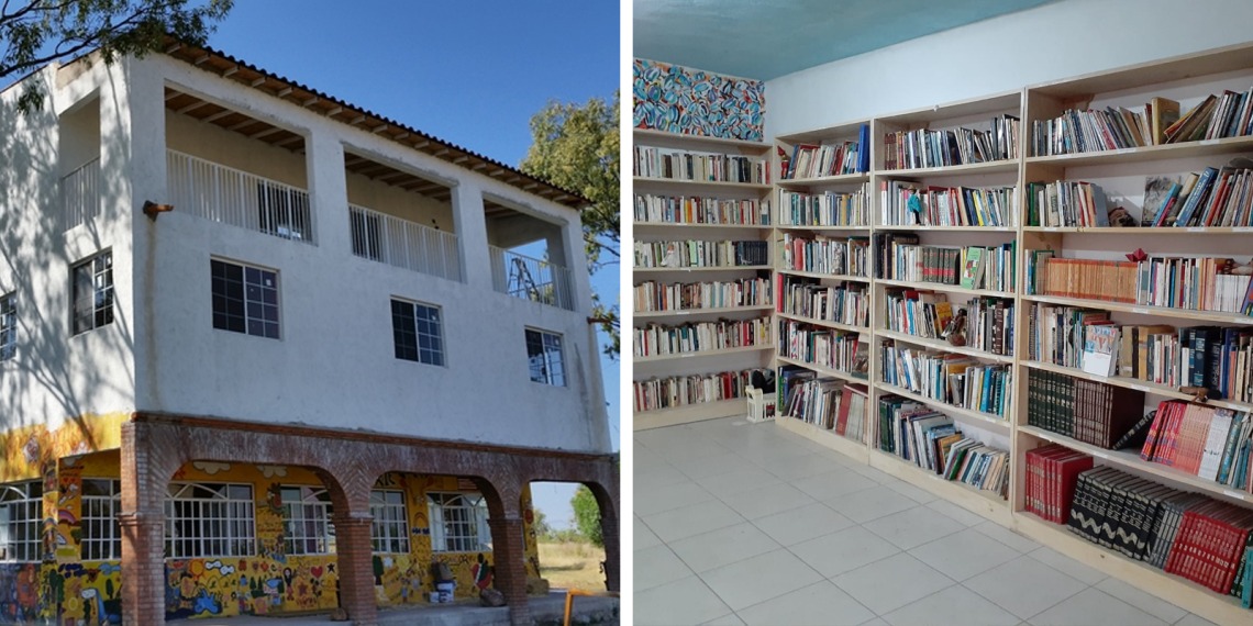 Interior and exterior of a small library